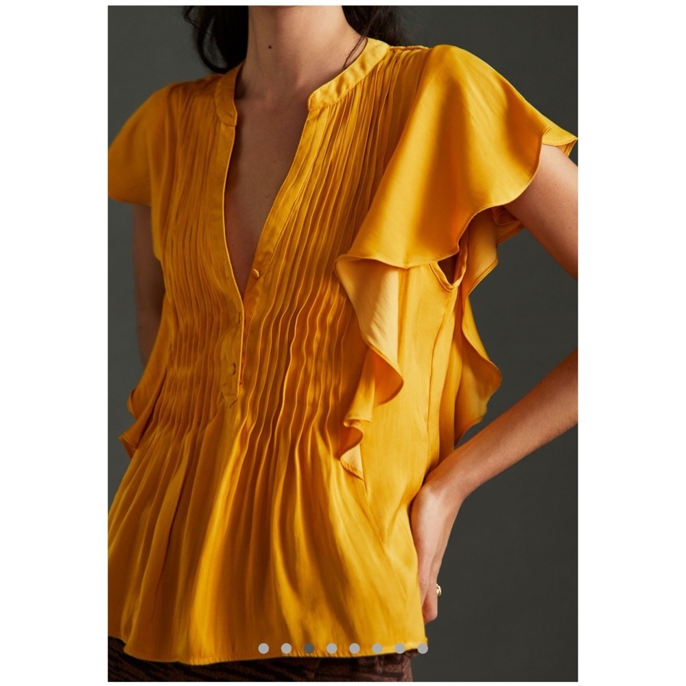 New Anthropologie Ruffled Pintucked Blouse Top Mango Yellow Anthro Short Sleeve